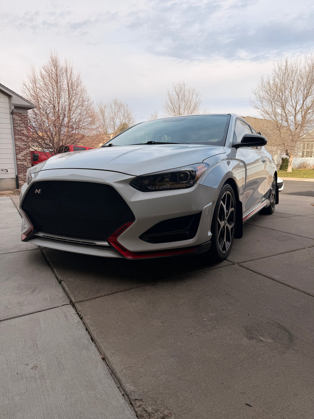 Justin Todd’s silver Hyundai Veloster N, front three-quarter view.