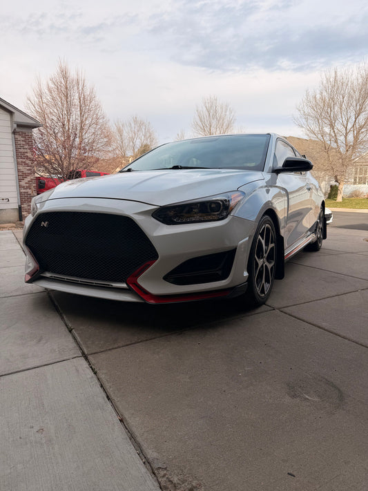 Justin Todd’s silver Hyundai Veloster N, front three-quarter view.