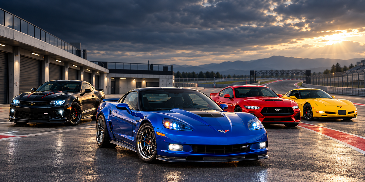 Corvette leading a Camaro, Mustang and Corvette lineup on a road-course pit lane